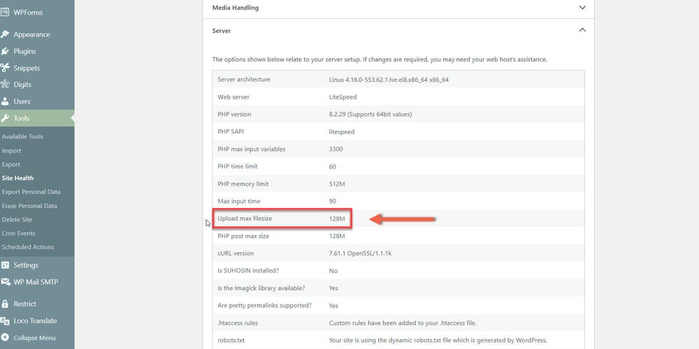 مشاهده میزان محدودیت حجم آپلود
